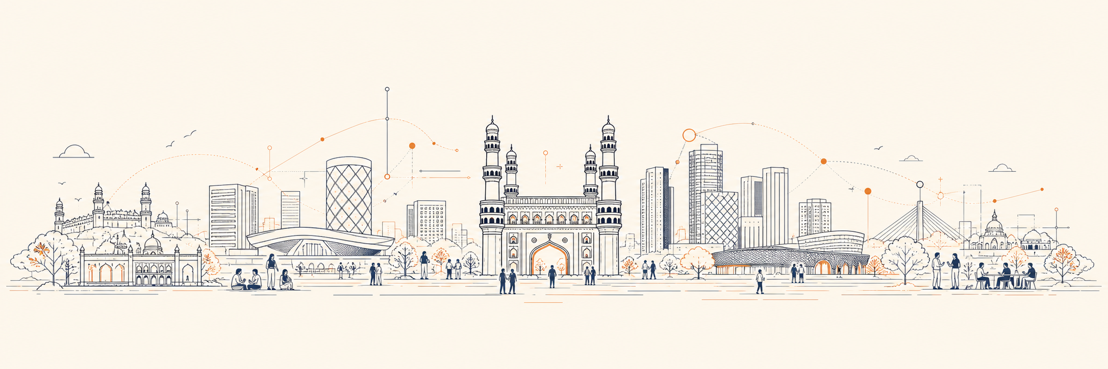Illustrated Hyderabad skyline and technology community gathering for Hyderabad Tech Week.